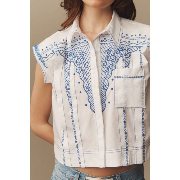 MAEVE BY ANTHROPOLOGIE Women's Short-Sleeve Collared Pleated Blouse Size XS - Picture 3 of 9